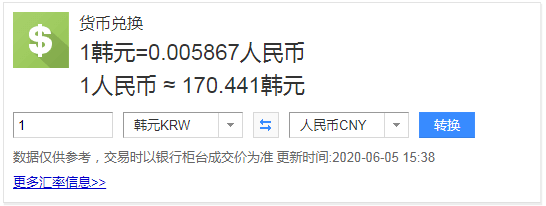 今日韩元汇率
